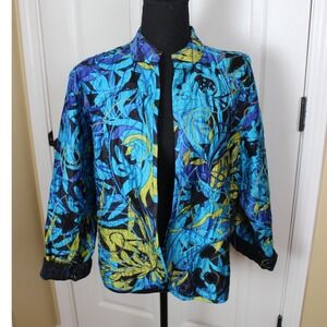 Chico's Women's Silk Floral Jacket, Embroidered Applique, Size 2,‎ Blue Yellow